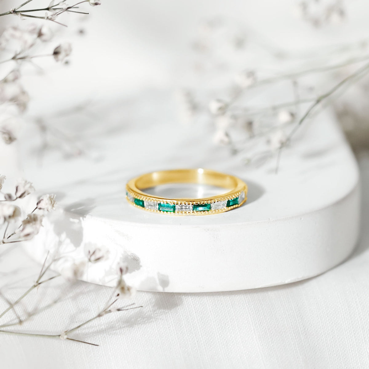 Baguette Cut Lab Grown Emerald and Diamond Band Ring