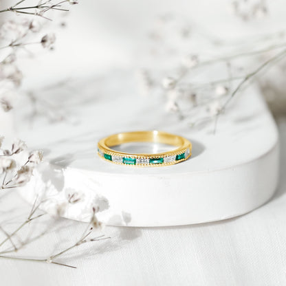 Baguette Cut Lab Grown Emerald and Diamond Band Ring