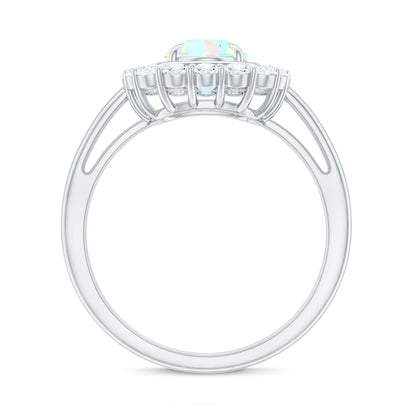 1.2 Carat Oval Cut Ethiopian Opal Halo Engagement Ring with Moissanite
