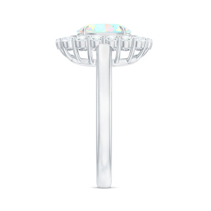 1.2 Carat Oval Cut Ethiopian Opal Halo Engagement Ring with Moissanite