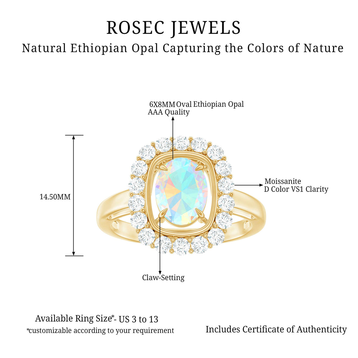 1.2 Carat Oval Cut Ethiopian Opal Halo Engagement Ring with Moissanite