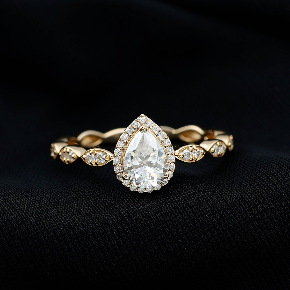 Moissanite Teardrop Engagement Ring with Scalloped Shank