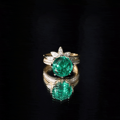 Floral Inspired Lab Grown Emerald Bridal Engagement Ring With Moissanite Enhancer