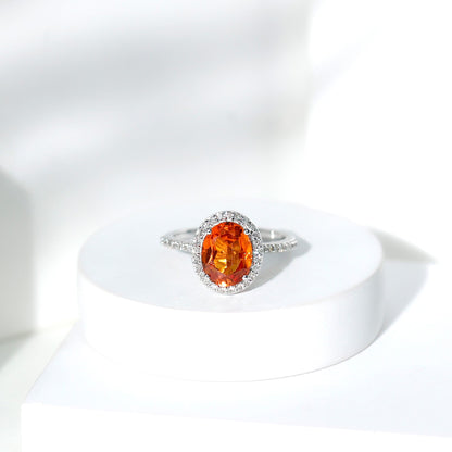 4 Carat Lab Grown Orange Sapphire Oval Engagement Ring with Diamond Halo