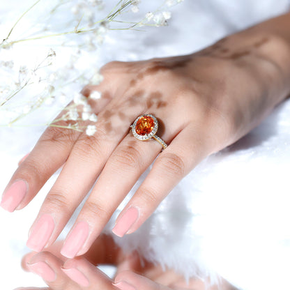4 Carat Lab Grown Orange Sapphire Oval Engagement Ring with Diamond Halo