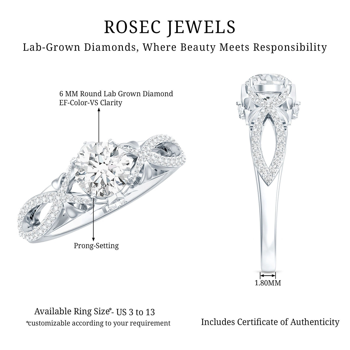 Certified 0.9 Carat Lab Grown Diamond Crossover Engagement Ring