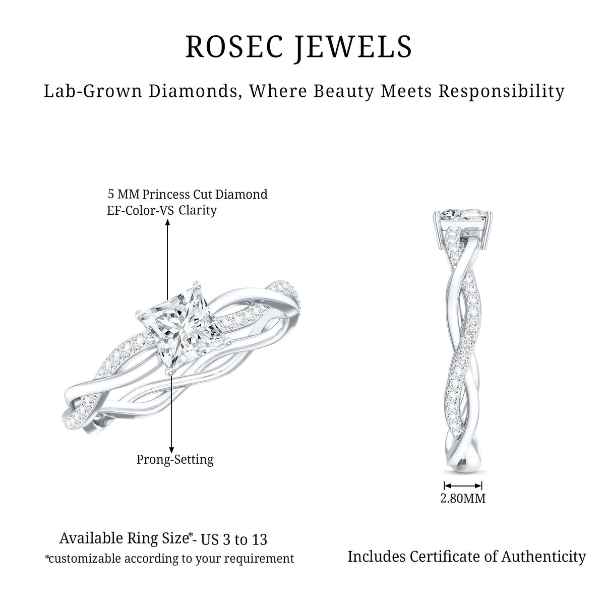Certified 0.8 Carat Lab Grown Diamond Princess Cut Engagement Ring with Braided Band