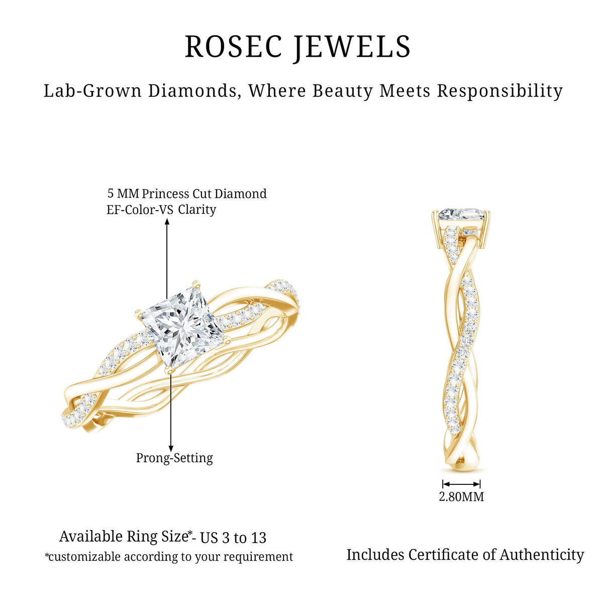 Certified 0.8 Carat Lab Grown Diamond Princess Cut Engagement Ring with Braided Band