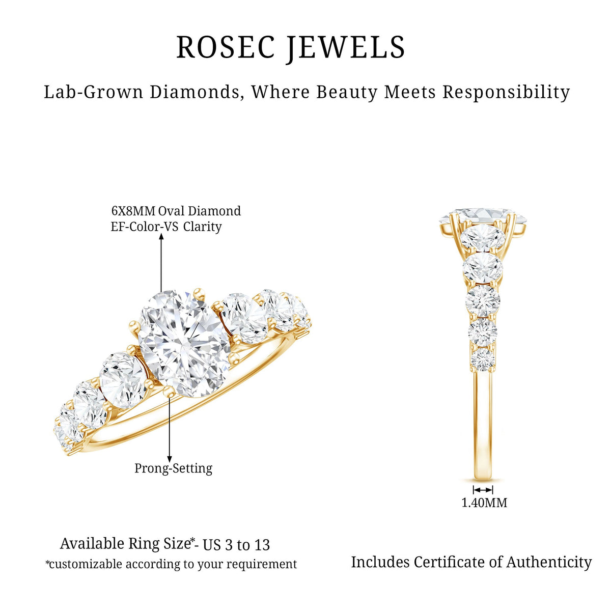 Lab Grown 1.2 Carat Diamond Oval Engagement Ring With Side Stones