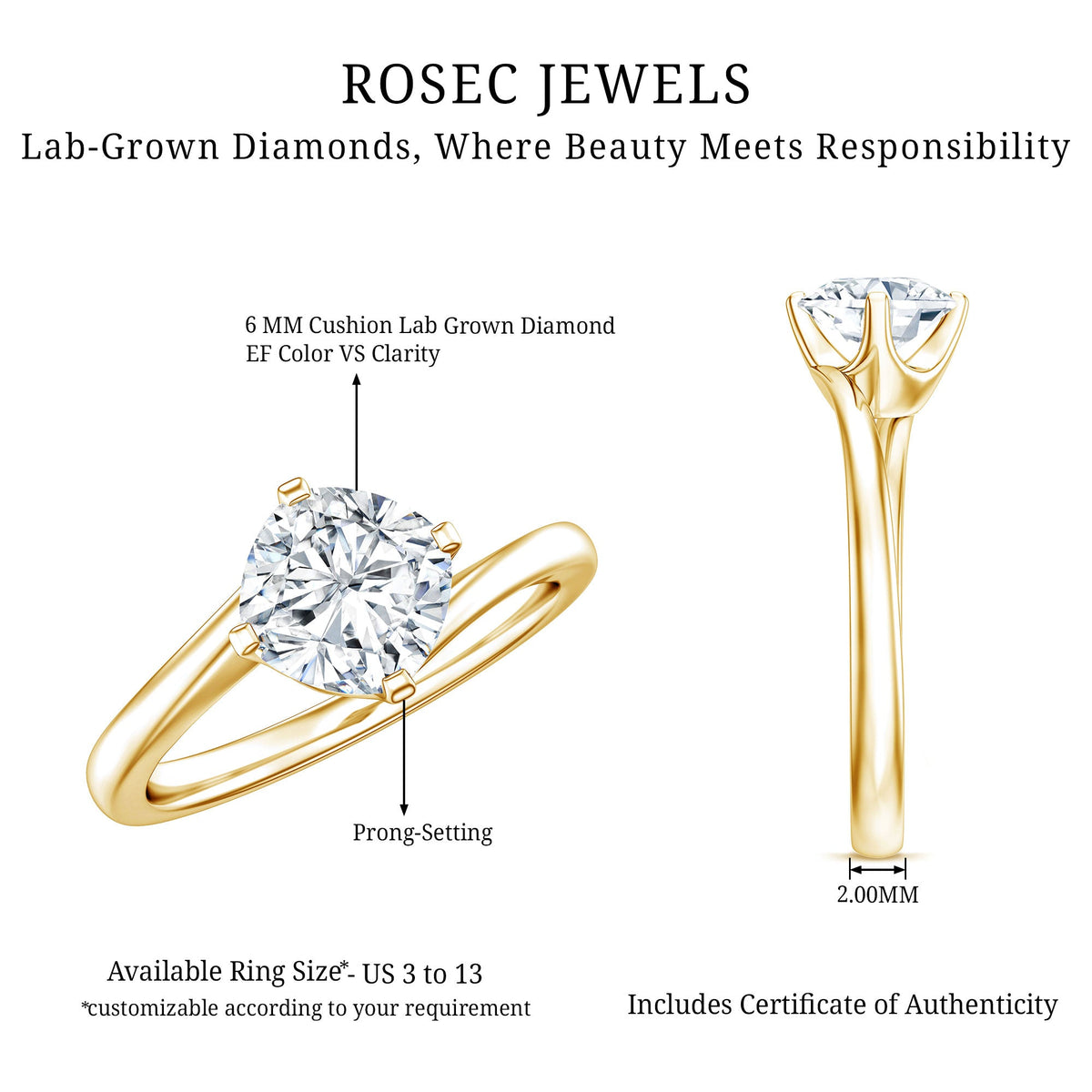 Certified 1.7 Carat Cushion Lab Grown Diamond Solitaire Engagement Ring