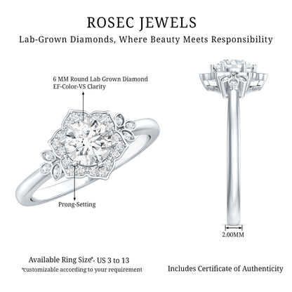 Certified Lab Grown Diamond Art Deco Flower Engagement Ring