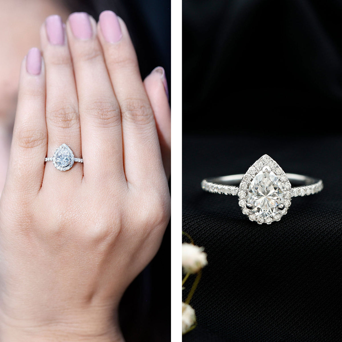 Certified Lab Grown Diamond Pear Halo Engagement Ring