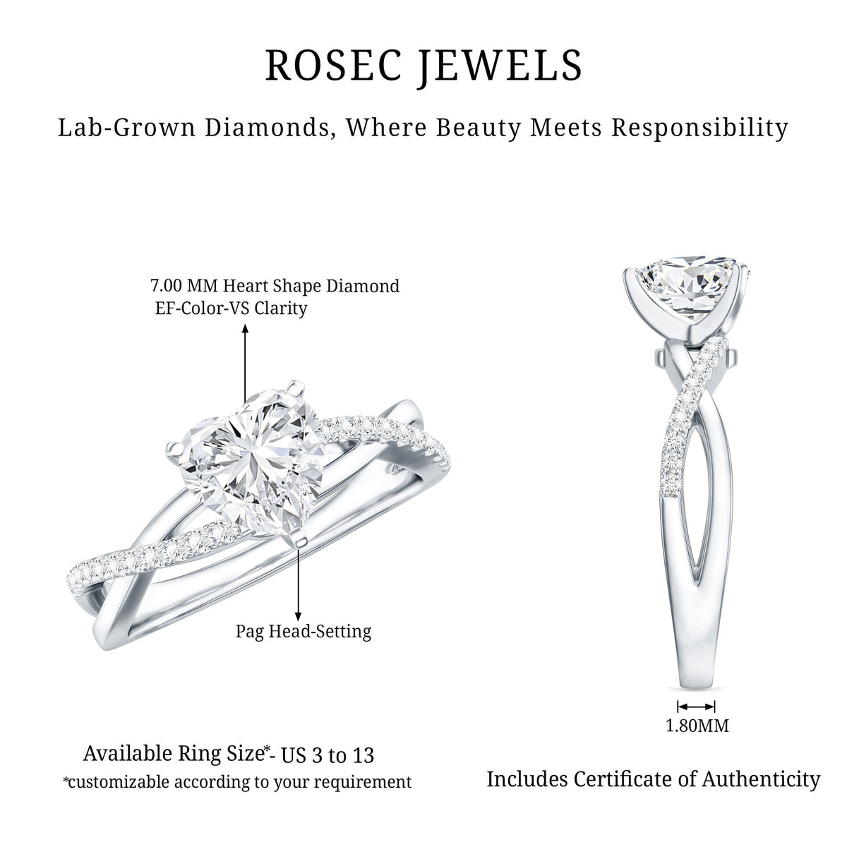 Criss Cross Lab Grown Diamond Heart Engagement Ring