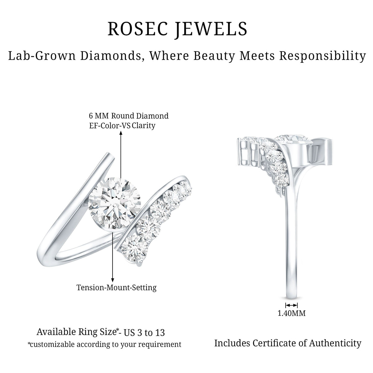 Certified Lab Grown Diamond Bypass Engagement Ring for Women