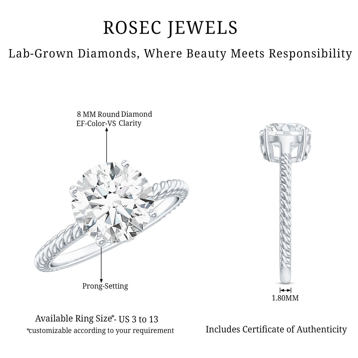 2 Carat Lab Grown Diamond Engagement Ring With Twisted Rope