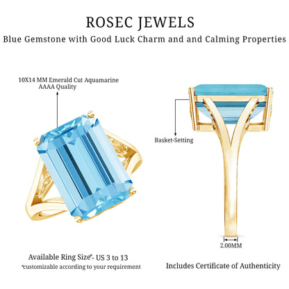Certified 9 Carat Aquamarine Emerald Cut Engagement Ring in Yellow Gold Plated Silver