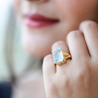 Certified 9 Carat Aquamarine Emerald Cut Engagement Ring in Yellow Gold Plated Silver
