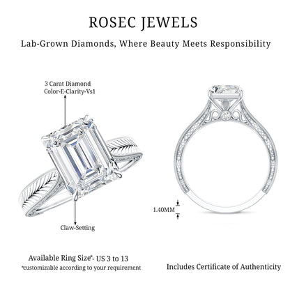 Ethically Sourced 3 Carat Lab Grown Diamond Emerald Cut Engagement Ring IGI Certified
