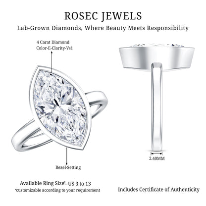 4 Carat Marquise Cut Lab Grown Diamond Bezel Engagement Ring with IGI Certificate