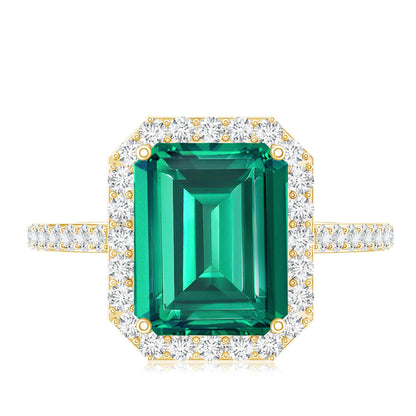 Lab Grown 3 Carat Emerald Cut Emerald Engagement Ring with Diamond Halo