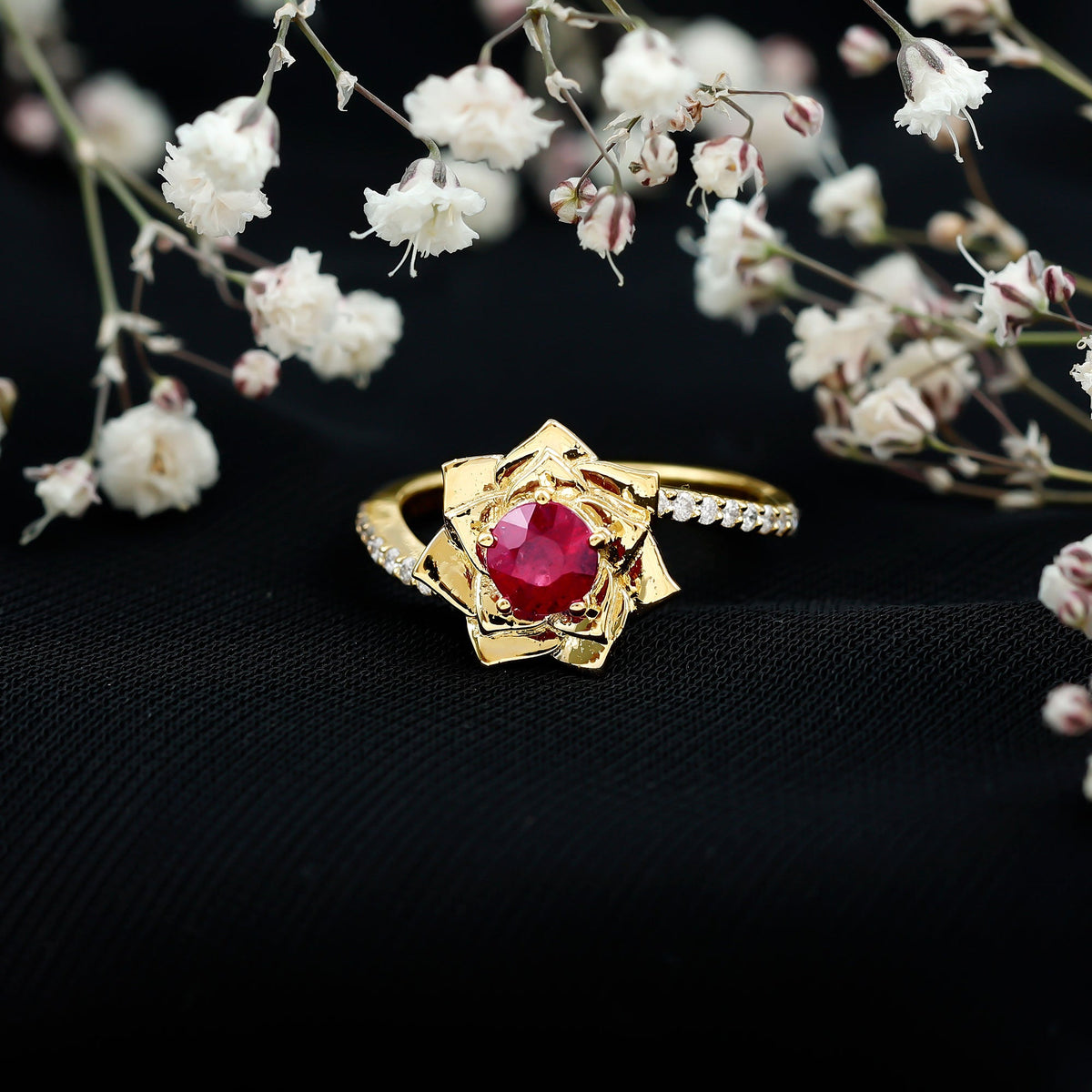 Natural 0.6 Carat Ruby Flower Engagement Ring with Diamond Bypass Shank