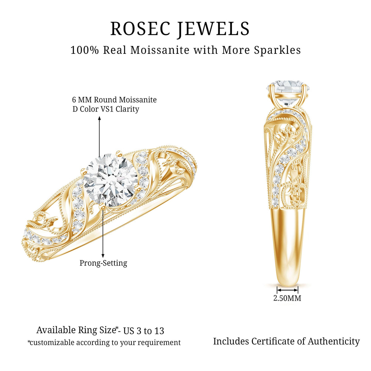 Vintage Inspired 0.98 Carat Moissanite Engagement Ring for Women