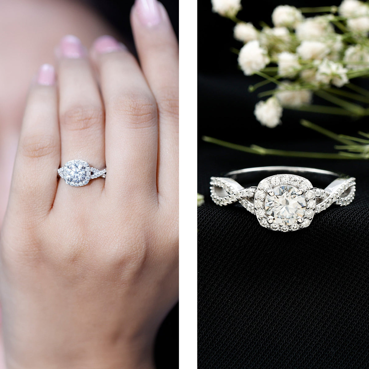 Certified Moissanite Halo Engagement Ring with Criss Cross Shank