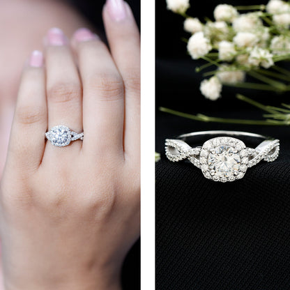 Certified Moissanite Halo Engagement Ring with Criss Cross Shank