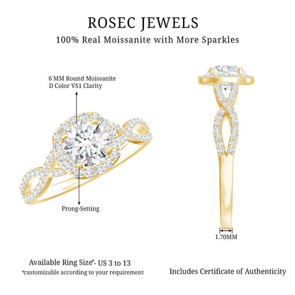 Certified Moissanite Halo Engagement Ring with Criss Cross Shank