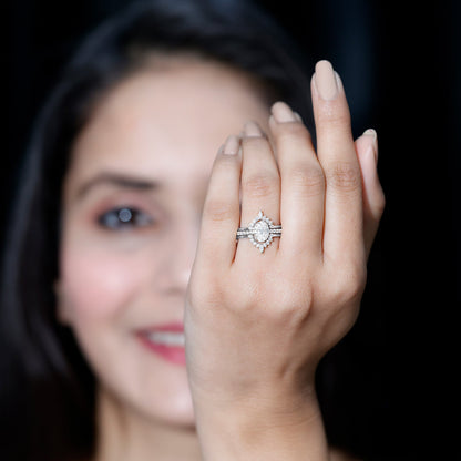 Certified Moissanite Oval Engagement Ring Set With Wedding Bands