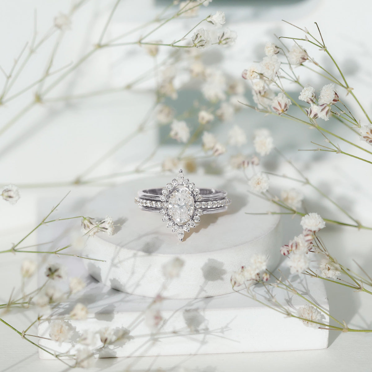 Certified Moissanite Oval Engagement Ring Set With Wedding Bands