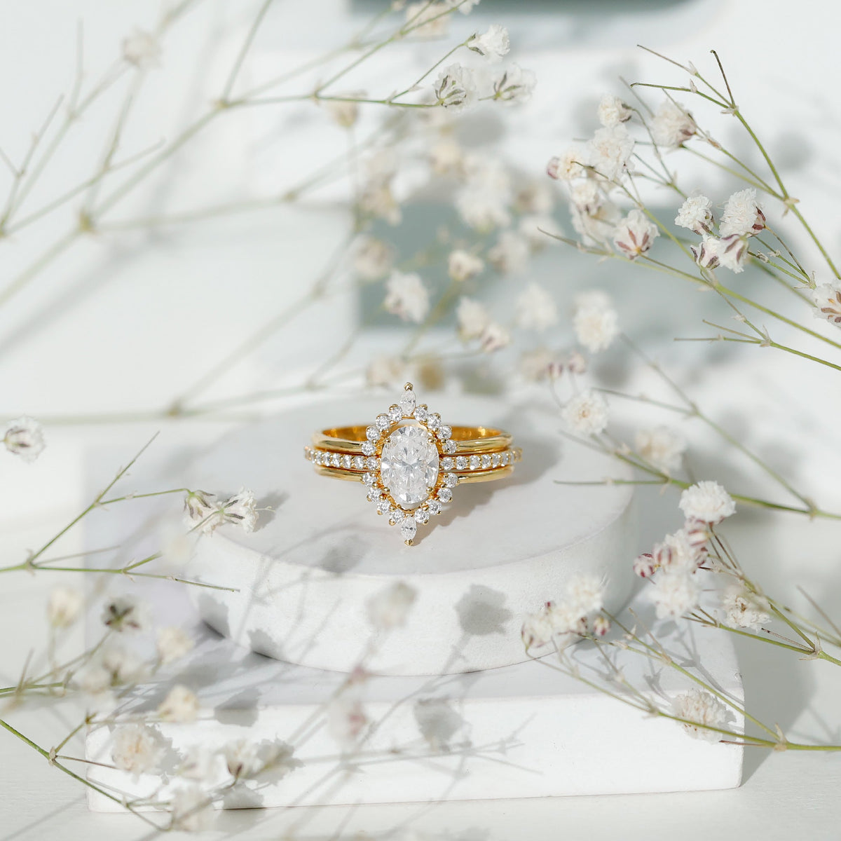 Certified Moissanite Oval Engagement Ring Set With Wedding Bands