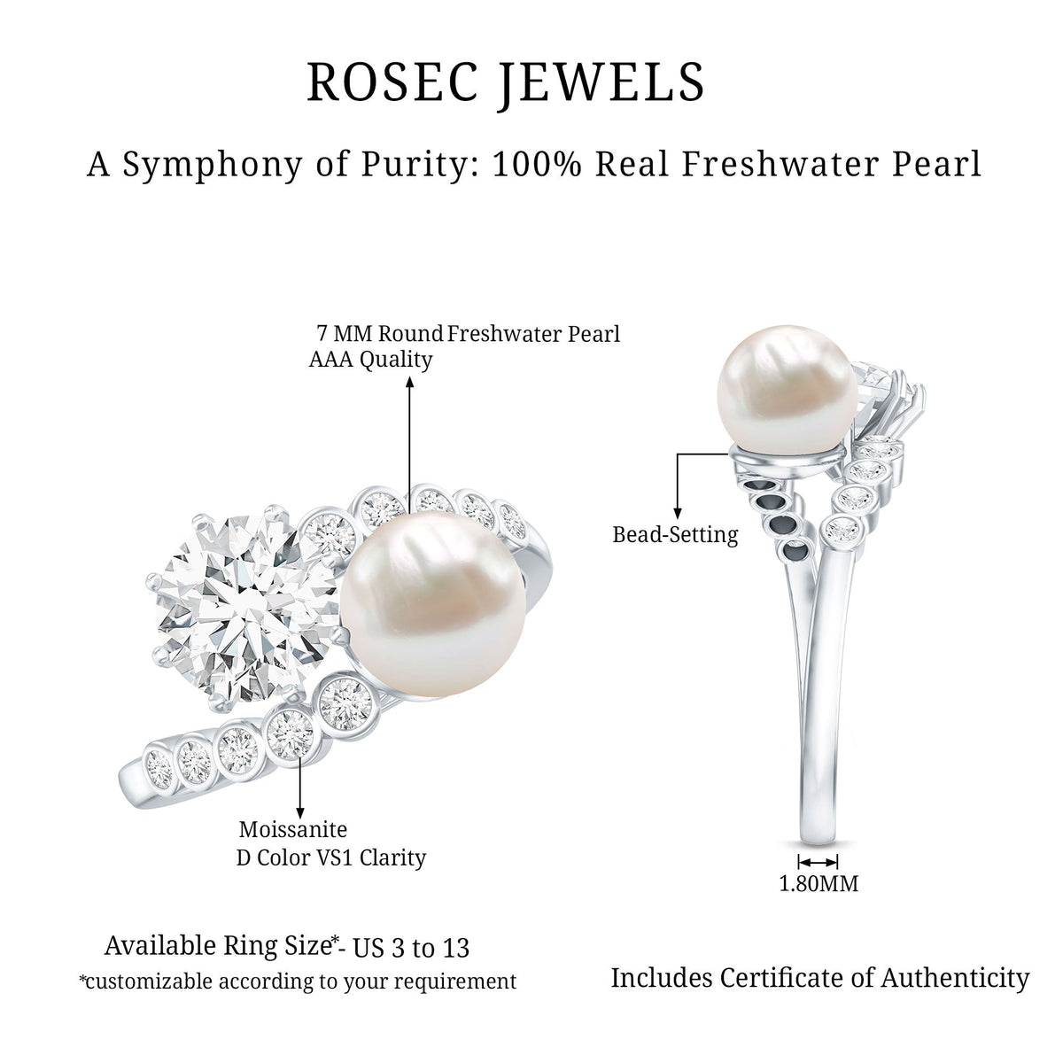 Freshwater Pearl and Moissanite Toi Et Moi Cocktail Ring