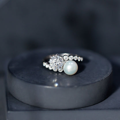 Freshwater Pearl and Moissanite Toi Et Moi Cocktail Ring