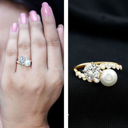 Freshwater Pearl and Moissanite Toi Et Moi Cocktail Ring
