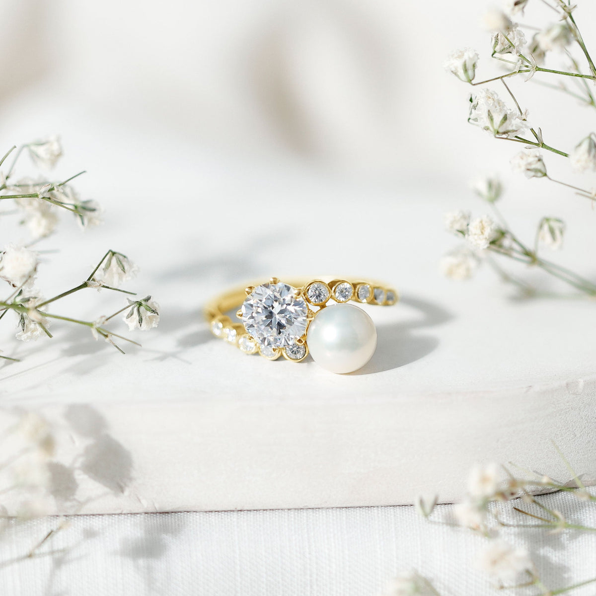 Freshwater Pearl and Moissanite Toi Et Moi Cocktail Ring