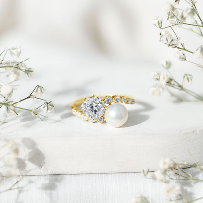 Freshwater Pearl and Moissanite Toi Et Moi Cocktail Ring