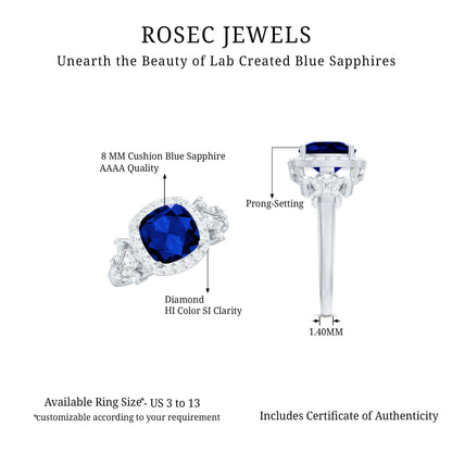 2.7 Carat Cushion Cut Created Blue Sapphire Engagement Ring with Diamond Accent