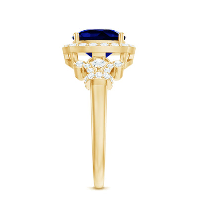2.7 Carat Cushion Cut Created Blue Sapphire Engagement Ring with Diamond Accent