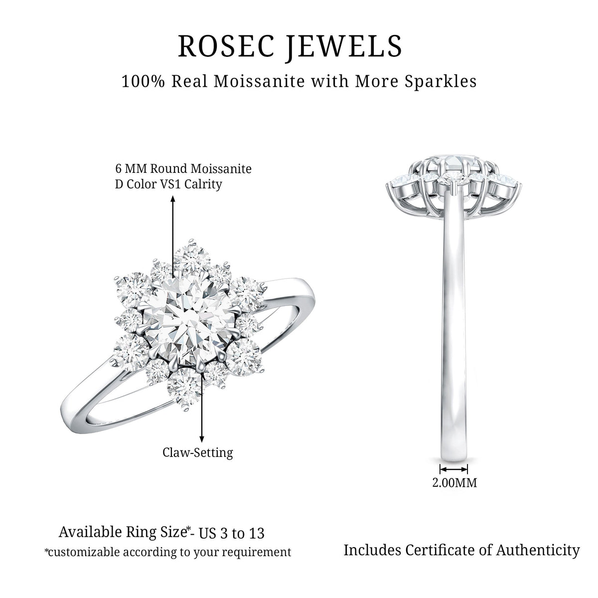 Claw Set Moissanite Halo Engagement Ring with Certificate