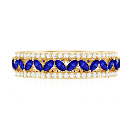 Marquise Lab Created Blue Sapphire and Diamond Wedding Band Ring