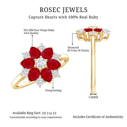 Natural Pear Shape Ruby Diamond Flower Engagement Ring for Women