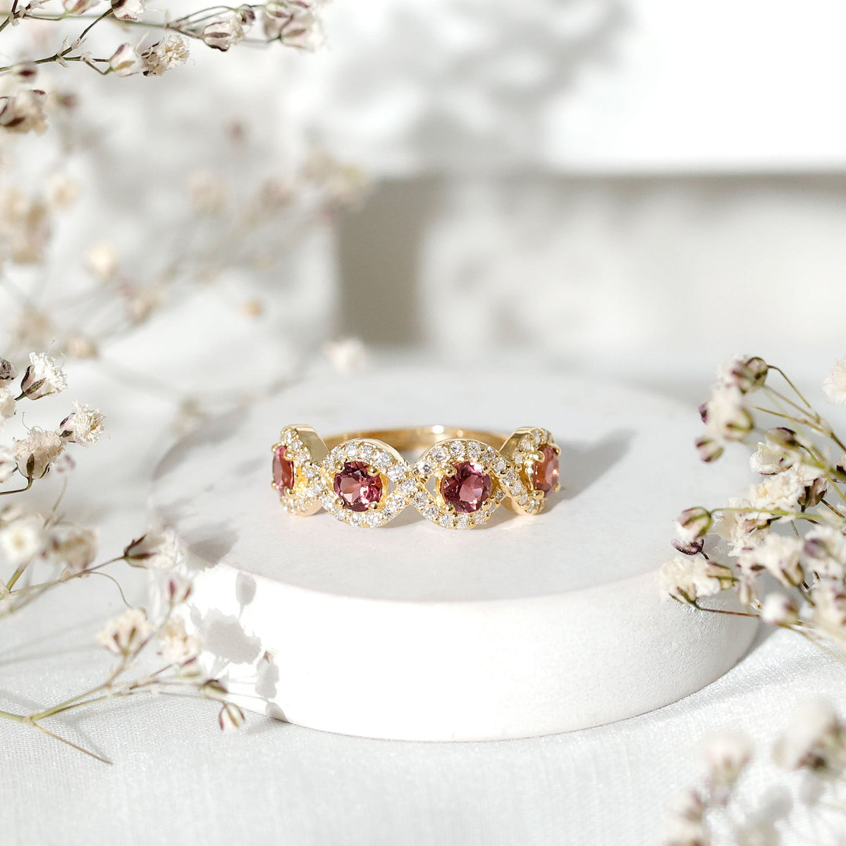 Pink Tourmaline Infinity Half Eternity Band Ring with Diamond
