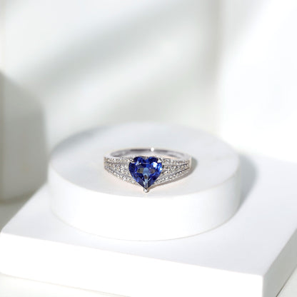 Certified 2 Carat Lab Grown Blue Sapphire Heart Engagement Ring with Diamond Split Shank