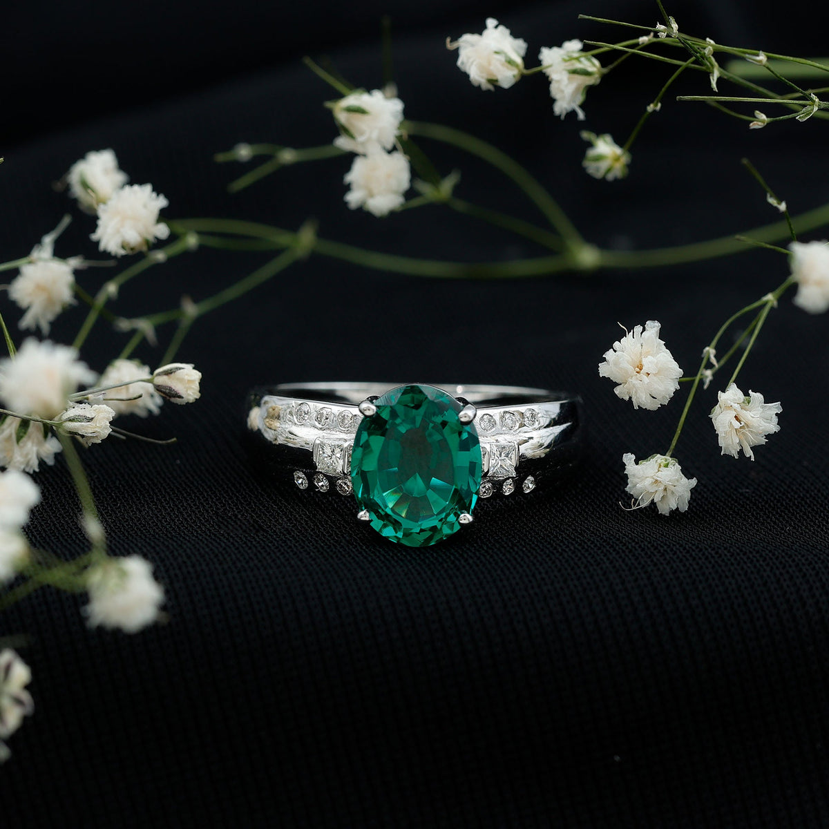 3 Carat Lab Grown Emerald Oval Engagement Ring with Diamond