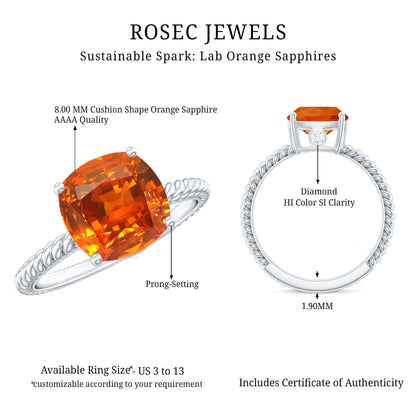 Certified 2.75 Carat Lab Grown Orange Sapphire Cushion Cut Engagement Ring with Diamond