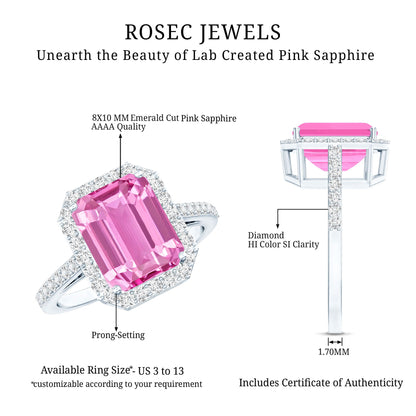 2.75 Carat Lab Grown Pink Sapphire Emerald Cut Engagement Ring with Diamond
