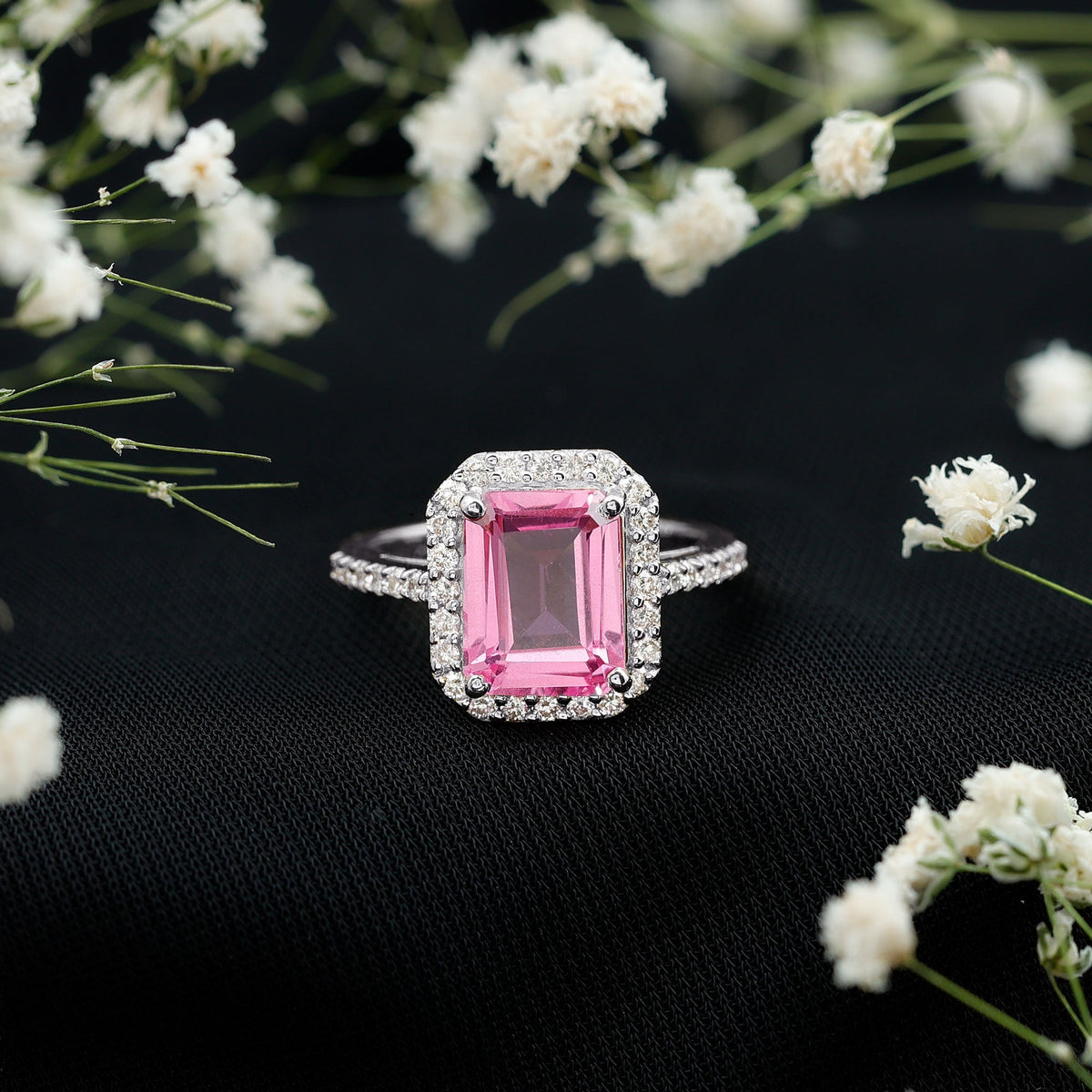 2.75 Carat Lab Grown Pink Sapphire Emerald Cut Engagement Ring with Diamond