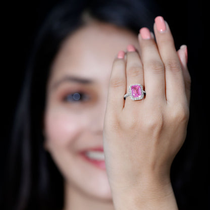 2.75 Carat Lab Grown Pink Sapphire Emerald Cut Engagement Ring with Diamond