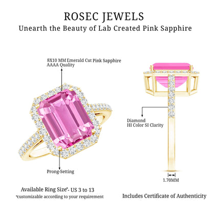 2.75 Carat Lab Grown Pink Sapphire Emerald Cut Engagement Ring with Diamond